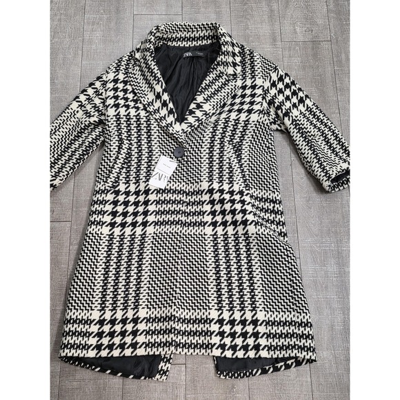 Zara Jackets & Blazers - Zara Coat Womens Small Black White Houndstooth Wool Blend Long Tweed Overcoat